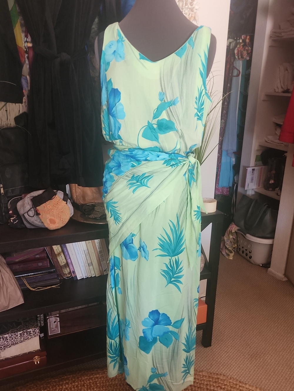 Sheri Martin Mint Green Maxi Dress with Blue Floral Print